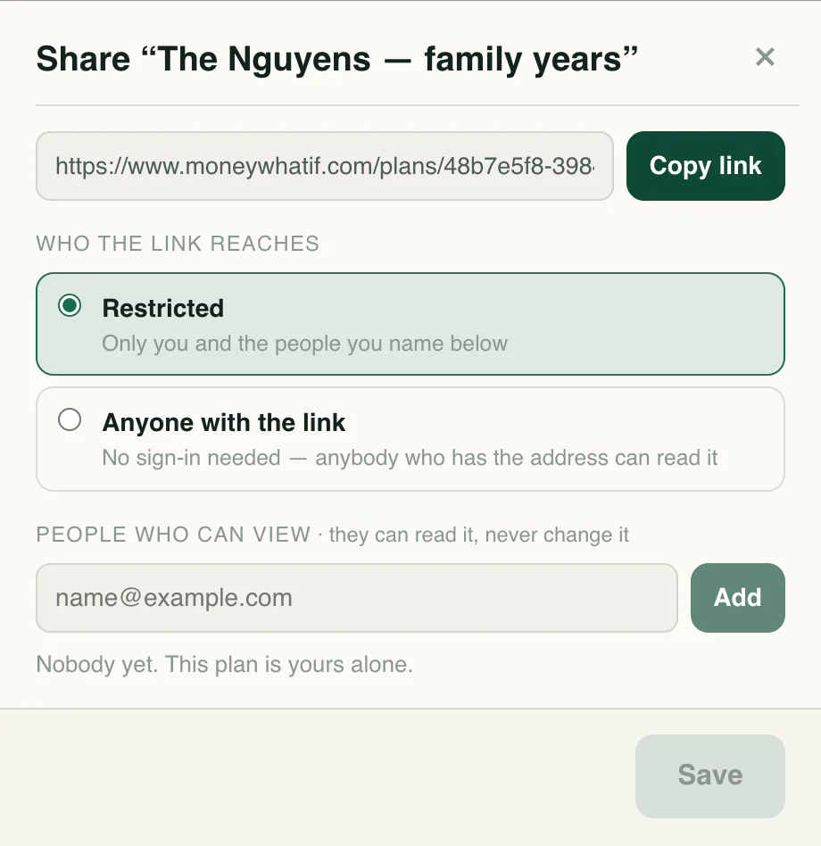 A plan-sharing dialog with options for restricted access, link access, and inviting specific people as read-only viewers
